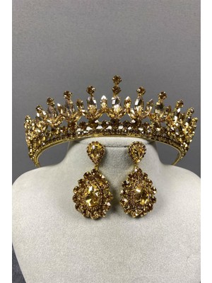 Hayalperest Boncuk Bal Rengi Pedro Taşlı Gelin Kına Tacı ve Mekik Küpe Seti