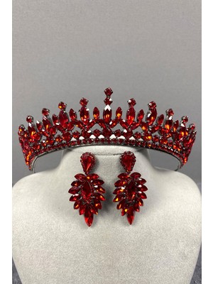 Hayalperest Boncuk Kırmızı Pedro Taşlı Gelin Kına Tacı ve Küpeli Set