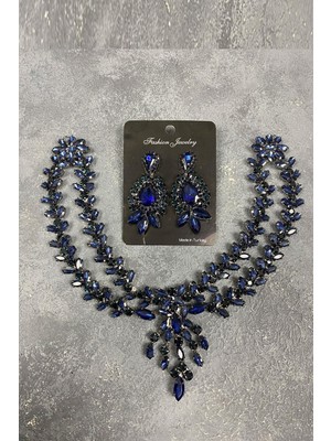 Hayalperest Boncuk Lacivert Sultan Model Alınlık Gelin Kına Saç Aksesuarı ve Küpe Seti
