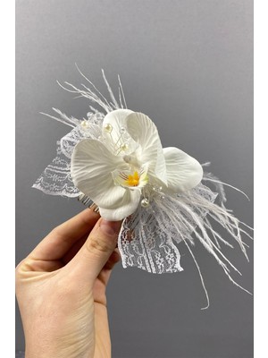 Orkide Boncuklu ve Tüylü Taraklı Dış Çekim Gelin Saç Tokası