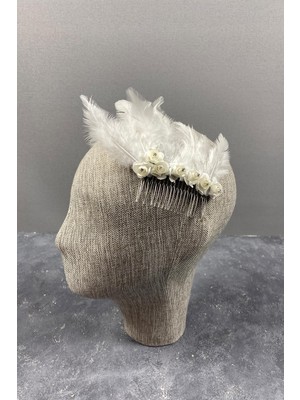 Kagıt Güllü ve Tüylü Taraklı Dış Çekim Gelin Saç Tokası