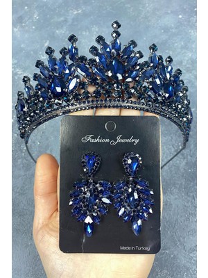 Hayalperest Boncuk Lacivert Pera Gelin Kına Tacı ve Mekikli Küpe