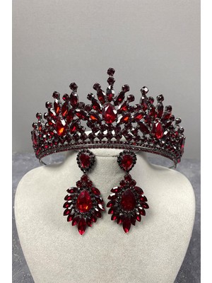 Hayalperest Boncuk Bordo Rio Taşlı Gelin Kına Tacı ve Mekikli Taş Küpe Seti