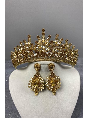 Hayalperest Boncuk Bal Rengi Rio Taşlı Gelin Kına Tacı ve Mekikli Taş Küpe Seti