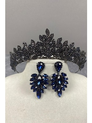 Hayalperest Boncuk Lacivert Sara Sık Taşlı Gelin Kına Tacı ve Küpe Seti