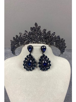 Hayalperest Boncuk Lacivert Sara Sık Taşlı Gelin Kına Tacı ve Damla Taşlı Küpesi