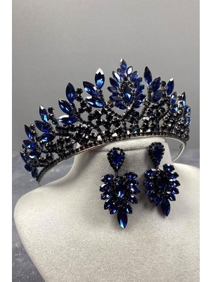 Hayalperest Boncuk Lacivert Danver Taşlı Gelin Kına Tacı ve Küpeli Set Zarif Tasarım Aksesuar