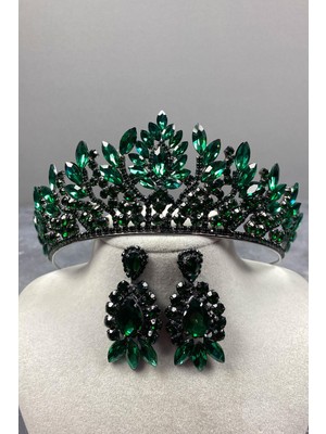 Hayalperest Boncuk Yeşil Danver Taşlı Gelin Kına Tacı ve Abiye Küpe Seti