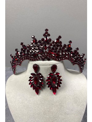 Hayalperest Boncuk Bordo Tokyo Taşlı Gelin Kına Tacı ve Mekik Küpe Seti