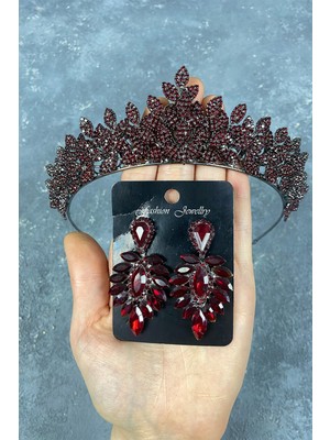 Hayalperest Boncuk Bordo Sara Sık Taşlı Gelin Kına Tacı ve Mekik Küpe Seti