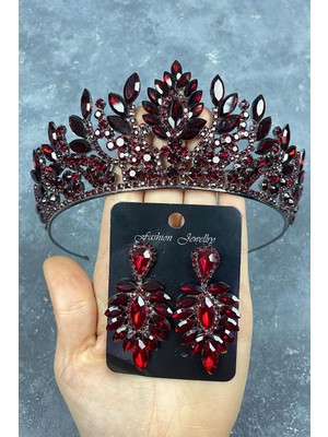 Hayalperest Boncuk Bordo Danver Taşlı Gelin Kına Tacı ve Küpeli Set