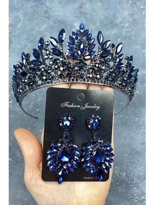 Hayalperest Boncuk Lacivert Danver Taşlı Gelin Kına Tacı ve Küpe Seti