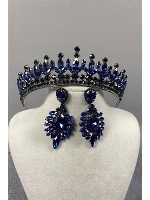 Hayalperest Boncuk Lacivert Pedro Taşlı Gelin Kına Tacı ve Abiye Küpe Seti Kadınlar İçin Zarif Tasarım