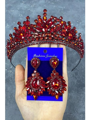 Hayalperest Boncuk Kırmızı Pera Gelin Kına Tacı ve Mekik Küpeli Set