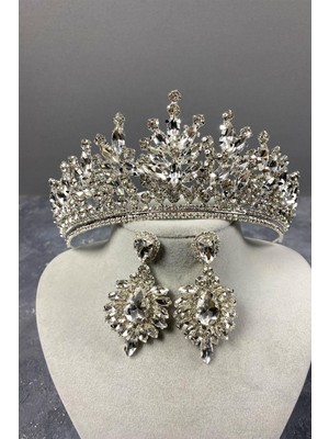 Hayalperest Boncuk Rio Taşlı Gelin Tacı ve Mekikli Taş Küpe Seti