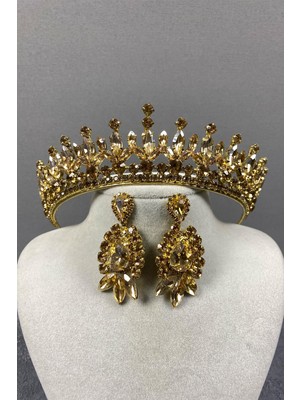 Hayalperest Boncuk Bal Rengi Pedro Taşlı Gelin Kına Tacı ve Küpe Seti