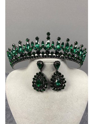 Hayalperest Boncuk Yeşil Pedro Taşlı Gelin Kına Tacı ve Mekik Küpe Seti