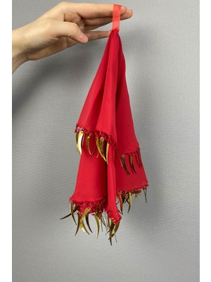 Kırmızı Ekru Gold Kılıç Pullu Şifon Gelin Halay Mendili 5 Adet