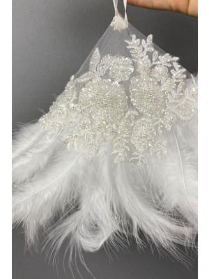 Beyaz Boncuk Işlemeli Vip Tüylü Tasarım Gelin Halay Mendili 1 Adet