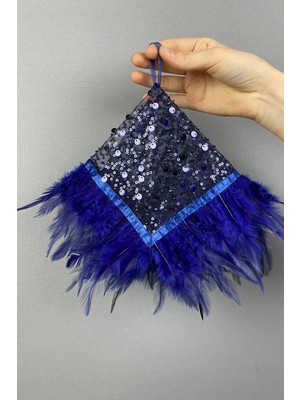 Lacivert Otantik Boncuk Işlemeli Tüylü Gelin Halay Mendili 1 Adet