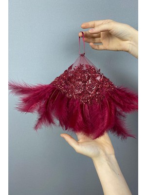 Bordo Boncuk Işlemeli Vip Tüylü Tasarım Gelin Halay Mendili 1 Adet