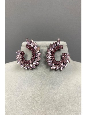 Pembe Mekik Hera Yaprak Desen Taşlı Abiye Küpe