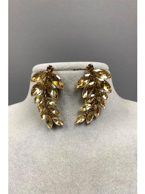 Bal Rengi Yaprak Desen Ela Abiye Taşlı Gelin Küpesi