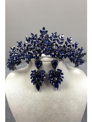 Hayalperest Boncuk Lacivert Asleny Boncuk Işlemeli Gelin Kına Tacı ve Mekik Küpe Seti