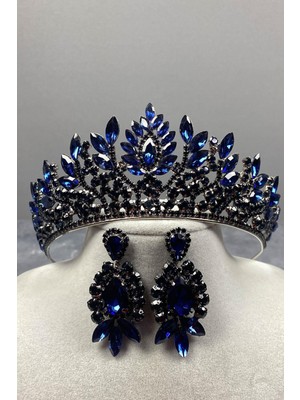 Hayalperest Boncuk Hayalperest Danver Taşlı Gelin Kına Tacı ve Küpe Seti Lacivert Renkli Zarif Aksesuar