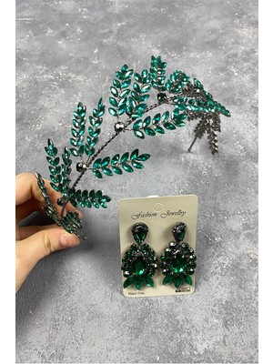 Hayalperest Boncuk Dilana Yaprak Dallı Gelin Saç Aksesuarı ve Mekik Taşlı Küpe