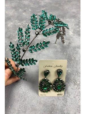 Hayalperest Boncuk Dilana Yaprak Dallı Gelin Saç Aksesuarı ve Mekik Taşlı Küpe