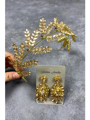 Hayalperest Boncuk Dilana Yaprak Dallı Gelin Saç Aksesuarı ve Mekik Taşlı Küpe