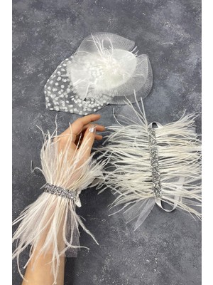 Vualet Nikah Şapkası Gelin Aksesuarı ve Asel Tüylü Çift Bilek Aksesuar