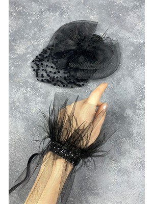 Vualet Puantiyeli Nikah Şapkası ve Beren Tüylü Bilek Aksesuar