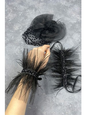 Vualet Nikah Şapkası Saç Aksesuarı ve Asel Tüylü Çift Bilek Aksesuar