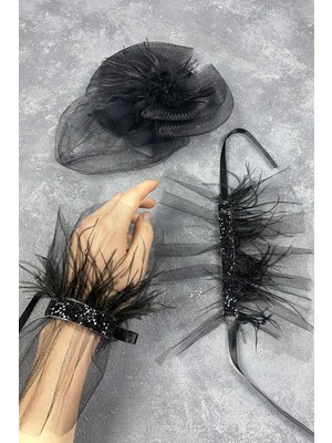 Vualet Nikah Şapkası Saç Aksesuarı ve Beren Tüylü Çift Bilek Aksesuar