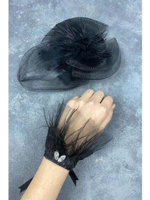 Vualet Nikah Şapkası Gelin Aksesuarı ve Lavin Tüylü Bilek Aksesuar