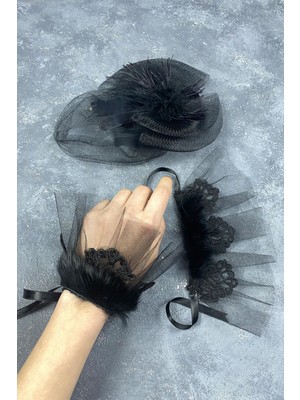 Vualet Nikah Şapkası Saç Aksesuarı ve Lavin Tüylü Çift Bilek Aksesuar