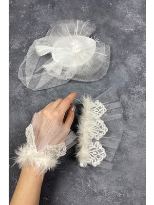 Vualet Nikah Şapkası Gelin Aksesuarı ve Lavin Çift Bilek Aksesuar