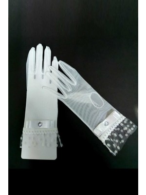 Kırık Beyaz Puantiye Detayı Gelin Eldiveni