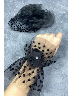 Vualet Puantiyeli Nikah Şapkası ve Vera Taşlı Bilek Aksesuar