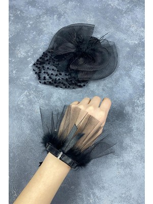 Vualet Puantiyeli Nikah Şapkası ve Lina Taşlı Bilek Aksesuar