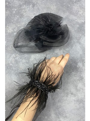 Vualet Nikah Şapkası Gelin Aksesuarı ve Asel Tüylü Bilek Aksesuar