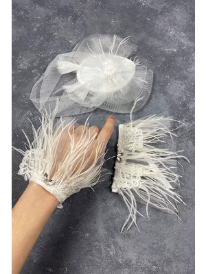 Vualet Nikah Şapkası Gelin Aksesuarı ve Beren Tüylü Çift Bilek Aksesuarı