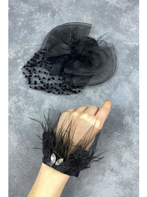 Vualet Puantiyeli Nikah Şapkası ve Lavin Taşlı Tüylü Bilek Gelin Aksesuarı