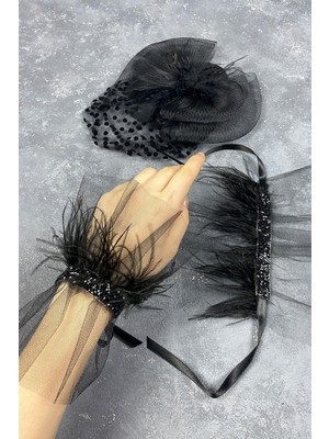 Vualet Nikah Şapkası Saç Aksesuarı ve Beren Tüylü Çift Bilek Aksesuar