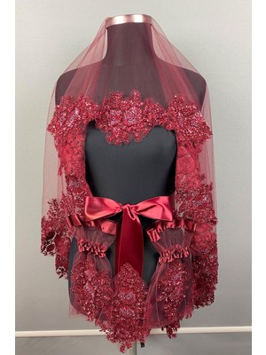 Bordo Vip Model Gelin Kına Duvağı Yüz Örtüsü