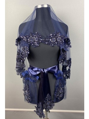 Lacivert Vip Model Gelin Kına Duvağı Yüz Örtüsü