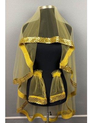 Gold Renk Zarif Model Pullu Gelin Kına Duvağı Yüz Örtüsü