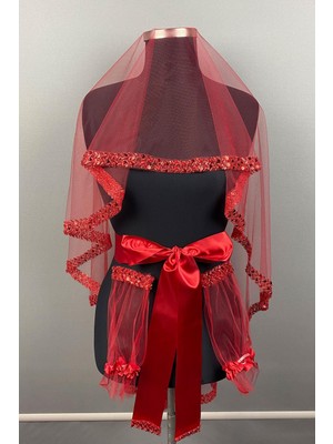 Kırmızı Su Model Işlemeli Gelin Kına Duvağı Yüz Örtüsü